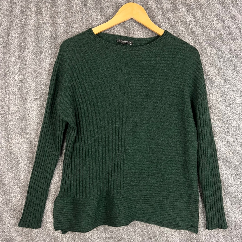 Eileen Fisher Sweater Womens XS Green Excellent 100% Cashmere Ribbed Knit Italy